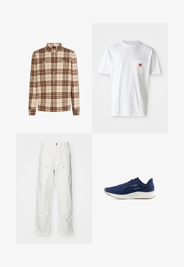 Camicia a quadri realizzata in morbido tessuto nei toni beige e marroni, con maniche lunghe, una chiusura con bottoni e due tasche sul petto.; T-shirt bianco in cotone con scollatura rotonda e maniche corte. Presenta un piccolo logo a forma di cuore rosso sul taschino sinistro.; Pantaloni cargo bianchi in cotone con vestibilità rilassata. Tra le caratteristiche ci sono tasche frontali, dettagli in metallo dorato e sezioni rinforzate sulle ginocchia.; Scarpa da corsa navy con tomaia in rete texturizzata, intersuola bianca e suola esterna marrone chiaro. Presenta un design minimale e un dettaglio del logo discreto.
