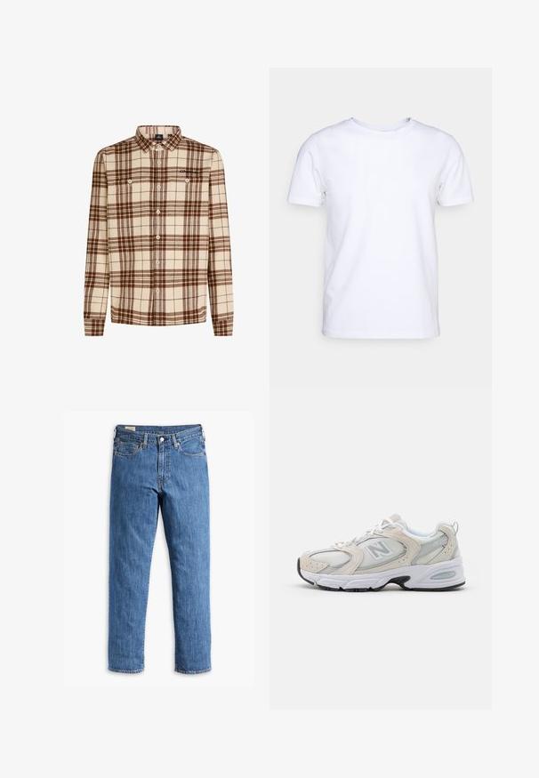 Geruite overhemd gemaakt van zachte stof in beige en bruine tinten, met lange mouwen, een knoopsluiting aan de voorkant en twee borstzakken.; Witte katoenen t-shirt met korte mouwen en een ronde hals. Eenvoudig ontwerp zonder patronen of accenten. Glad textuur.; Blauwe denim spijkerbroek met een recht gesneden pijp, koperen klinknagels en een vijf-pocket ontwerp. Bevat een gestikte zoom en een klassieke tailleband met riemlussen.; Atletiekschoen met een lichtgrijs mesh bovenwerk en suede accenten, witte veters en een zwarte rubberen zool. Opvallend ABZORB dempingdetail.
