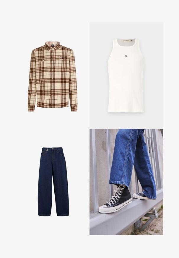 Rutig skjorta i mjukt tyg i beige och bruna toner, med långa ärmar, knäppning fram och två bröstfickor.; Vit ärmlös linne av ribbad tyg, med en liten grå logotyp på bröstet. Enkelt mönster med rundad halsringning.; Lösa mörkblå denimjeans med hög midja, framfickor och rakt benformat. Inkluderar silverfärgade detaljer och minimal sömnad.; Svarta högskurna sneakers med vit sula och snören, tillsammans med lösa blå jeans, vilande på ett grått räcke.