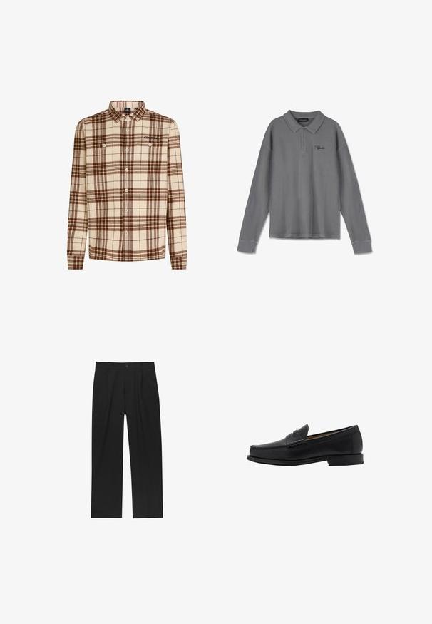 Ruudullinen paita, joka on valmistettu pehmeästä kankaasta beige- ja ruskeasävyissä. Paidassa on pitkät hihat, nappilistalla ja kaksi rintataskua.; Pitkähihaiset polo-paita raidallisesta harmaasta kankaasta. Ominaisuuksiin kuuluu kaulus, kolmen napin etuvetoketju ja huomaamaton musta brändäys rinnassa.; Mustat housut suoranlahkeisella muotoilulla, valmistettu sileästä kankaasta. Ominaisuuksiin kuuluu etupleateet ja yksi nappikiinnitys vyötäröllä.; Mango Puvunkengät - black