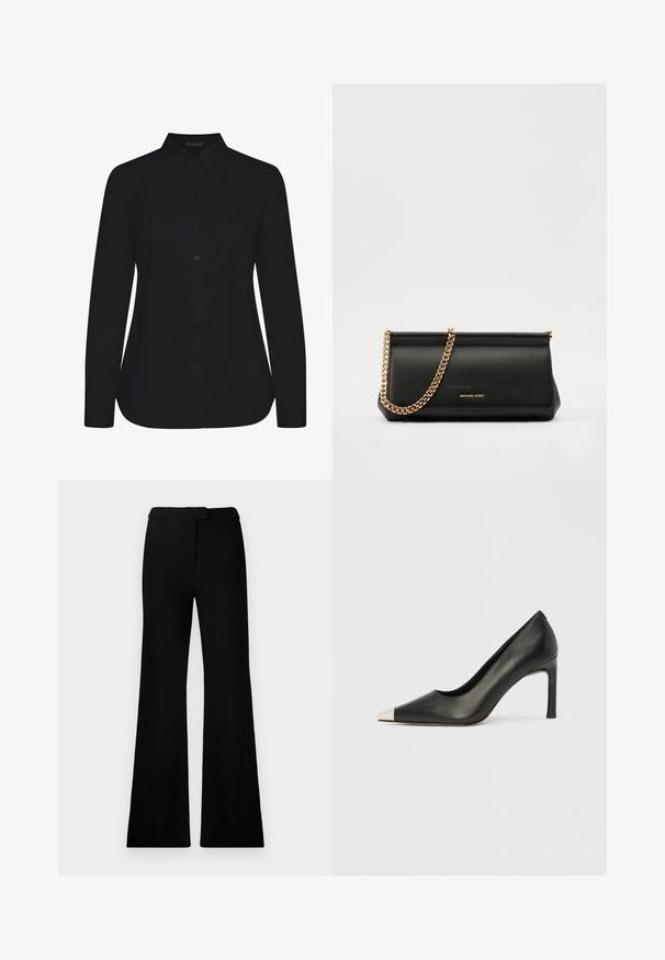 Black long-sleeve shirt made of smooth fabric, featuring a collared neck, front button closure, and a straight hem.; Black flared pants featuring a smooth texture, tailored waistband, and front pockets, designed with a sleek, modern silhouette.; Black leather high heel shoe with a pointed toe and a metallic silver cap. Features a smooth finish and a slender 10 cm heel.; Black leather clutch bag with a gold chain strap, featuring a smooth texture, rectangular shape, and embossed branding on the front.