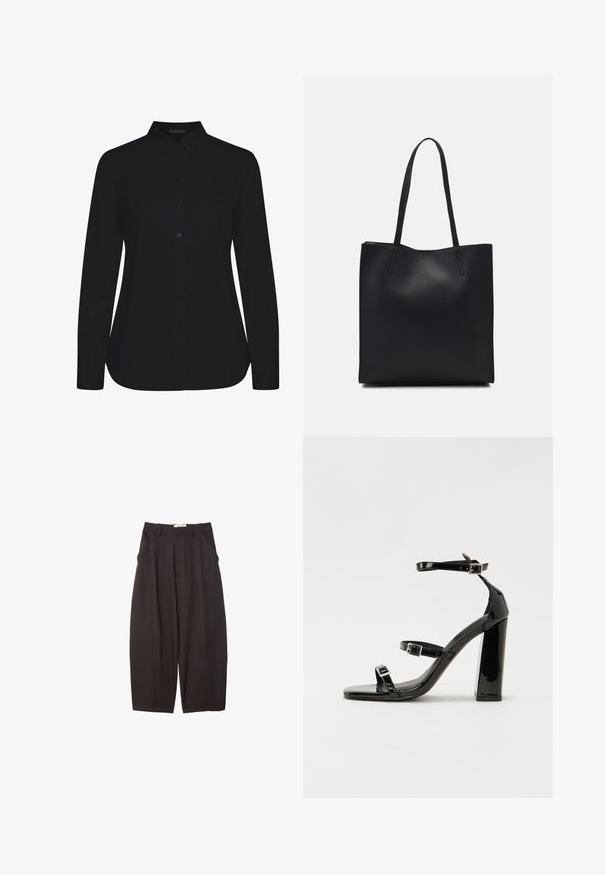 Czarna długa koszula z długim rękawem, wykonana z gładkiego materiału, z kołnierzykiem, zapinana z przodu na guziki i z prostym dołem.; Czarne spodnie o szerokich nogawkach wykonane z gładkiego materiału, z wysokim stanem, plisami z przodu i bocznymi kieszeniami. Prosty fason bez zdobień.; Czarne lakierowane sandały na obcasie z kwadratowym noskiem, z paskami wokół kostki i srebrnymi klamrami. Posiadają masywny słupek dla stabilności.; Czarna skórzana torba tote o gładkiej fakturze, prostokątnym kształcie i dwóch długich uchwytach. Brak widocznych elementów metalowych i ozdób.