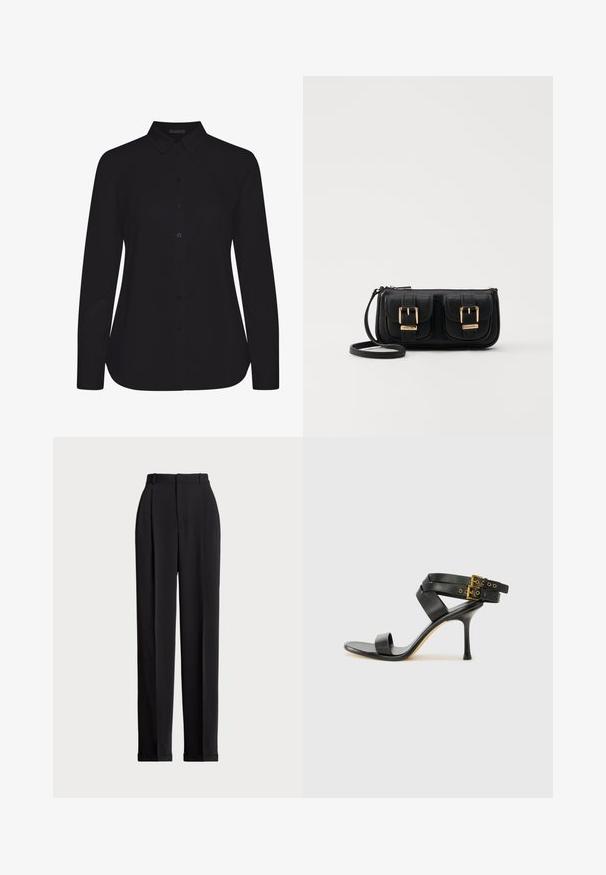 Juodas ilgomis rankovėmis marškinėliai, pagaminti iš lygaus audinio, su apykakle, priekyje su mygtukų užsegimu ir tiesiu hemu.; Juodos pritaikytos kelnės su aukštu liemeniu, su klostėmis priekyje, tiesaus kirpimo ir užlenktais kraštais. Pagamintos iš lygaus audinio.; Juodi kulniškų sandalai su kryžminėmis juostelėmis ir reguliuojamu sagtimi. Ypatybė – lygus paviršius ir siauras smailas kulnas.; Juodas odinis per petį nešiojamas krepšys su dviem priekiniais kišenėmis, auksiniais sagtimis, užtrauktuko uždarymu ir siauromis petnešomis. Textūruota paviršius ir kompaktiškas stačiakampis formatas.