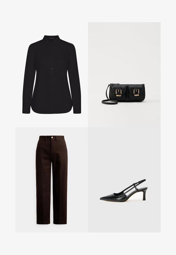 Juodas ilgomis rankovėmis marškinėliai, pagaminti iš lygaus audinio, su apykakle, priekyje su mygtukų užsegimu ir tiesiu hemu.; Tamsiai rudos tiesios kelnės su sagos ir užtrauktuko užsegimu, diržo kilpomis ir priekinių kišenių detale ant balto fono.; Juodai lakuoti slingback aukštakulniai su smailiu nosiu, su tekstūruotu gyvatės raštu, reguliuojama juosta ir trumpu, tekstūruotu blokiniu kulnu.; Juodas odinis per petį nešiojamas krepšys su dviem priekiniais kišenėmis, auksiniais sagtimis, užtrauktuko uždarymu ir siauromis petnešomis. Textūruota paviršius ir kompaktiškas stačiakampis formatas.