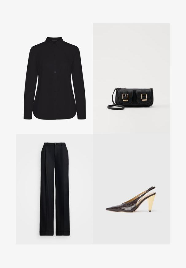 Čierna dlhá košeľa s dlhým rukávom vyrobená z hladkej látky, s golierom, zapínaním na gombíky vpredu a rovnou spodnou časťou.; Čierne široké nohavice s hladkým povrchom, plochým predným dielom, pútkami na opasok a jedným gombíkom na uzatvorenie v páse.; Sandal s pointer špičkou a elastickým pásikom na päte v tmavohnedej lesklej imitácii krokodílej kože. Obsahuje zlatý geometrický podpätok a nastaviteľný pásik na členku.; Čierna kožená crossbody taška s dvoma prednými vreckami, zlatými sponami, zipsovým uzatváraním a úzkym popruhom. Štruktúrovaný povrch a kompaktný obdĺžnikový tvar.