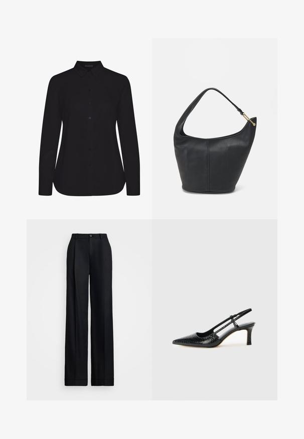 Svart långärmad skjorta av glatt tyg, med krage, knappstängning fram och rak nederkant.; Svarta vida byxor med en slät finish, rak framdel, bälteshällor och en enkel knappstängning i midjan.; Svart lackskin slingback-häl med spetsig tå, med texturerad ormskinnsprint, justerbar rem och en kort, texturerad blockklack.; Svart läderhandväska med rundad form, bred axelrem och texturerad yta. Har en diskret sömdetalj och accenter i guldton.