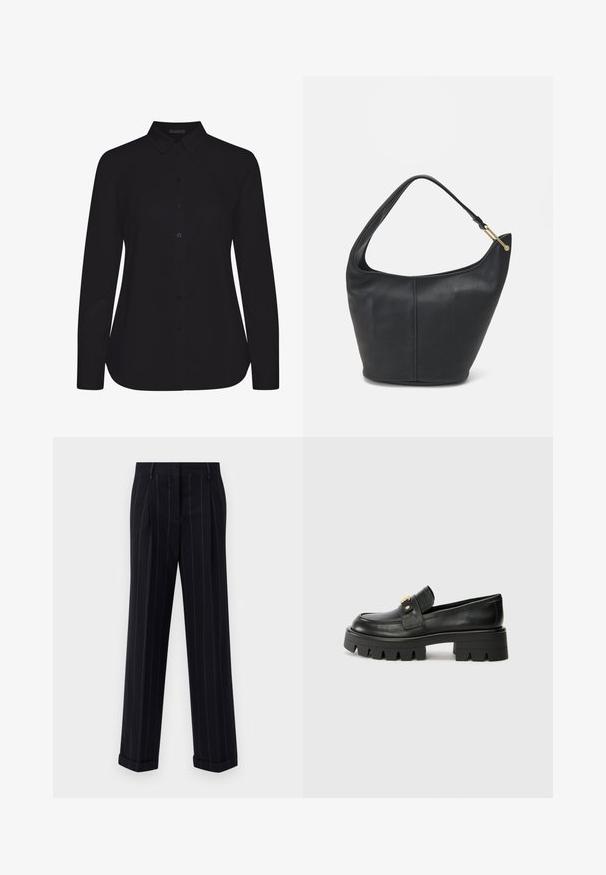 Black long-sleeve shirt made of smooth fabric, featuring a collared neck, front button closure, and a straight hem.; Black pinstriped trousers with a tailored fit, featuring a cuffed hem and front pleats. Made of smooth fabric with a structured design.; Black leather loafers with a chunky sole, featuring a gold-tone accent on the front and a smooth finish. Chunky tread design on the sole.; Black leather handbag with a rounded shape, a wide strap, and a textured finish. Features a subtle seam detail and a gold-tone hardware accent.