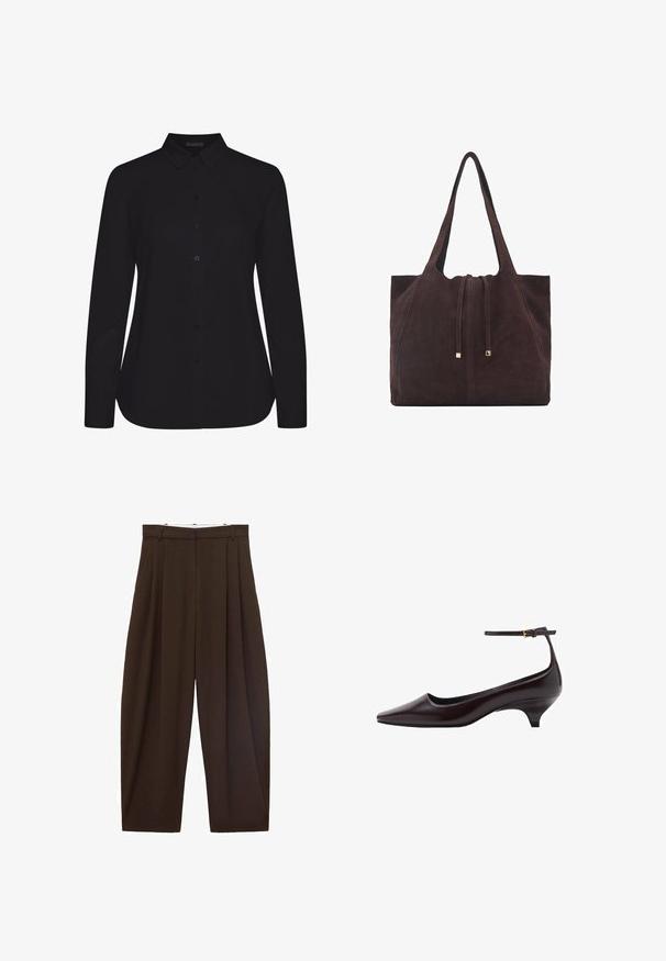 Cămașă neagră cu mâneci lungi, fabricată dintr-un material neted, având guler, închidere cu butoane în față și un tiv drept.; Pantaloni maronii cu talie înaltă, cu pliuri, confecționați dintr-un material neted. Croi lejer, model cu picior drept, având bucle pentru curea și închidere cu fermoar.; Pantofii din piele de culoare maro închis, cu vârful ascuțit și toc kitten, sunt prevăzuți cu o curea subțire pentru glezna piciorului și o cataramă mică aurie.; Mango Geantă de pânză - dark brown
