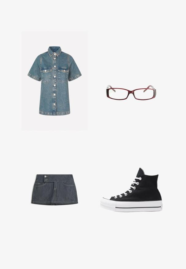 Lynblå denimskjorte med korteærmer, knaplukning foran, to brystlommer og kontrastsyninger. Klassisk kravedesign.; Mørk denimnederdel med høj talje, der har to forlommer, en knaplukning og kontrastsying langs kanterne.; Højtop sort lærredssko med hvide øjetter, snørebånd og gummisål. Har en tekstureret tåhætte og sorte og hvide stribe-accenter.; Røde rektangulære briller med et sleekt design. Klare linser, let transparente stænger og en gradient-effekt fra rød til grå.; Sort vævet lædertaske med en afslappet design, der har et knyttet rem og en lille dekorativ guldstud foran.; Sølvmetal øreringe med et bølgende, skulpturelt design, der har en poleret overflade og uregelmæssige former, hvilket fremhæver en moderne æstetik.