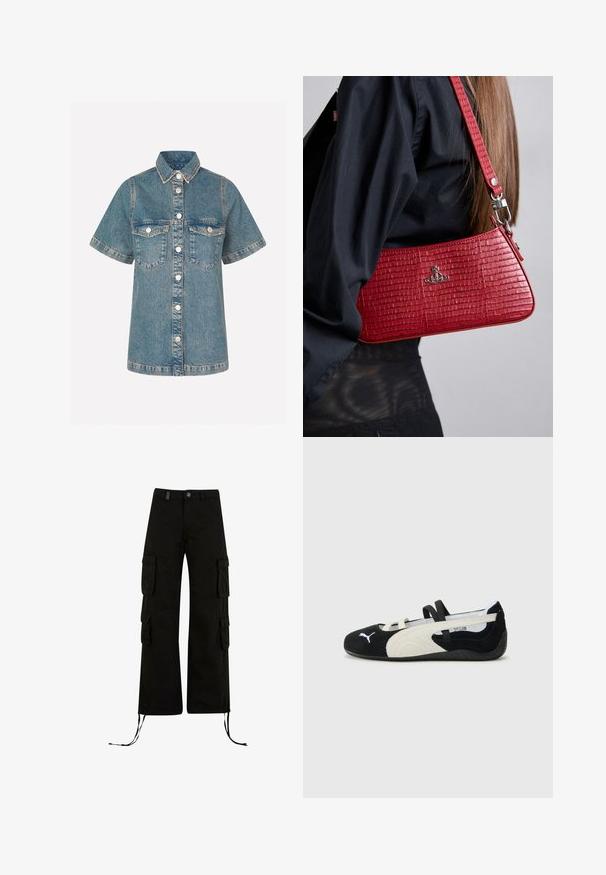 Gaiši zila džinsu krekls ar īsām piedurknēm, pogājams priekšpuse, divi krūšu kabatas un kontrasta šuves. Klasisks apkakles dizains.; Balts īsām piedurknēm T-krekls ar apaļu kakla izgriezumu, izgatavots no kokvilnas materiāla, ar pieguļošu siluetu un melnu zīmola etiķeti iekškaklā.; Melni kravu bikses ar brīvu piegriezumu, kuru sānos ir kravu kabatas, aukliņu apakšdaļā un pogu aizdare jostasvietā.; Melna un krēma krāsā ultra viegla kurpe ar zamša augšdaļu, plakanu zoli, elastīgām siksnām un mazu logotipu uz pirksta.; Sarkans krokodila raksta rots soma ar slaidu, trīsstūrveida formu un noņemamu jostu, ar sudraba aksesuāriem un logotipa detaļu.