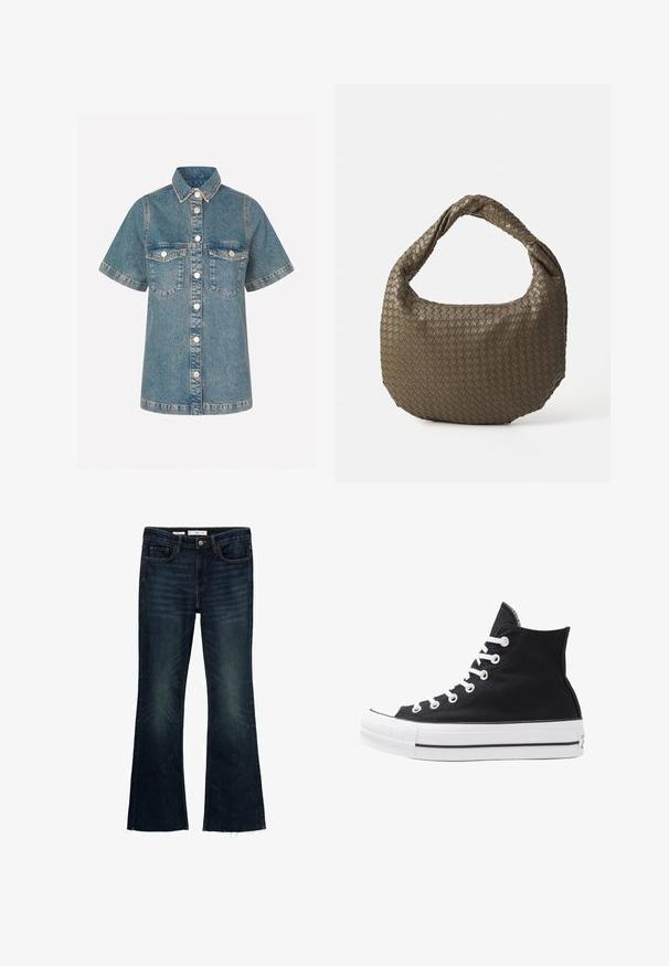 Denim shirt in light blue with short sleeves, button-up front, two chest pockets, and contrast stitching. Classic collar design.; Flared dark blue denim jeans with faded accents, five pockets, and a raw hem. Made of cotton with a button closure and belt loops.; High-top black canvas sneaker with white eyelets, laces, and rubber sole. Features a textured toe cap and black and white stripe accents.; Woven olive green handbag with a rounded shape and a twisted handle. Textured surface features a diagonal pattern. Zipper closure.; Silver metal earrings with a wavy, sculptural design featuring a polished finish and irregular shapes, highlighting a contemporary aesthetic.