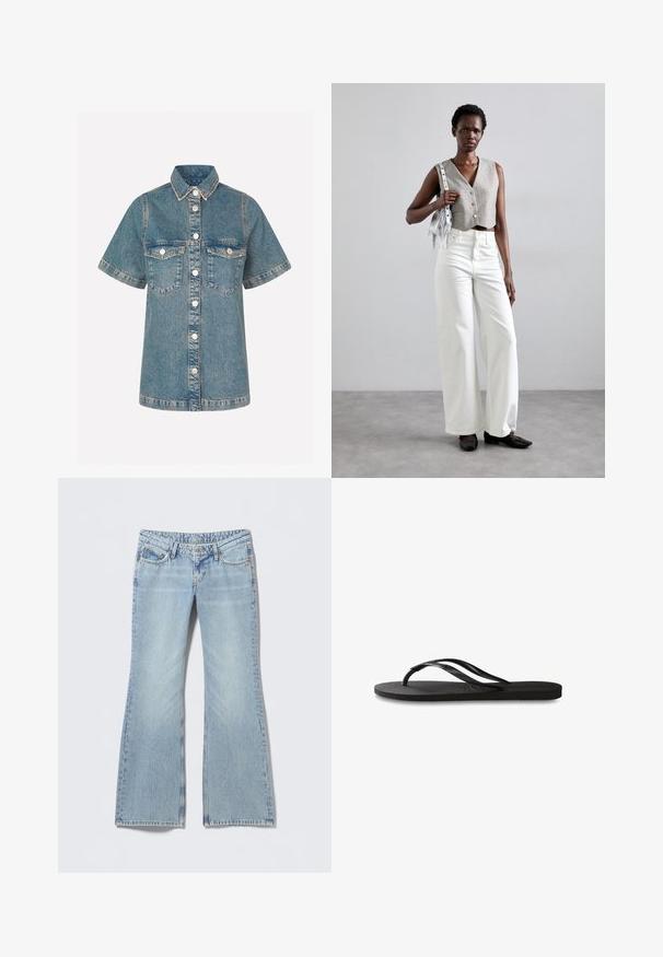 Denimskjorte i lys blå med korte ermer, knappestolpe foran, to brystlommer og kontrastsøm. Klassisk kragedesign.; Lyseblå jeans med vide bein og falmet finish, fem-lomme-design og kontrastfarget søm. Bomullsdenim med glatt tekstur.; Svart flip-flop med teksturert gummisåle, to slanke stropper og en subtil, preget logo på stroppen.; Grå kort vest med knapper, kombinert med hvite vide jeans og svarte flate sko. Tilbehør med en liten sølvfringe-veske.