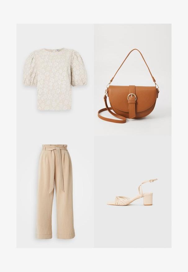 Blusa floral bege com mangas bufantes, tecido texturizado, brilho subtil e decote redondo. Apresenta pequenos padrões de flores brancas por todo o tecido.; Calças de perna larga bege com cintura cingida, feitas de tecido texturizado. Apresenta um plissado frontal e um acabamento suave na bainha.; Sandal de tacão com tiras em bege, bico quadrado, design frontal torcido, faixa no tornozelo e salto bloco. Textura suave, estilo minimalista.; Bolsa transversal de couro castanho com um formato curvado, ferragens douradas e um detalhe de fivela. Inclui uma alça de ombro destacável.