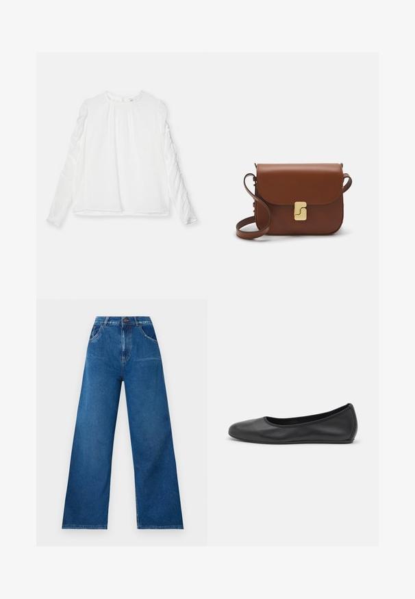 Bijela duga rukavica s okruglim izrezom i naborima na rukavima. Izrađena od laganog materijala s lepršavim krojem.; Široke traperice u tamnoplavoj denimu s visokim strukom, koje imaju prednje i stražnje džepove, te detalje s kontrastnim šavovima.; Crne kožne baletanke s zaobljenim vrhom, glatke teksture, minimalnim detaljima šavova i fleksibilnim dizajnom potplata.; Smeđa kožna torba s preklopom, zlatnim detaljima, remenom za nošenje preko ramena i glatkom teksturom. Kompaktni pravokutni oblik.