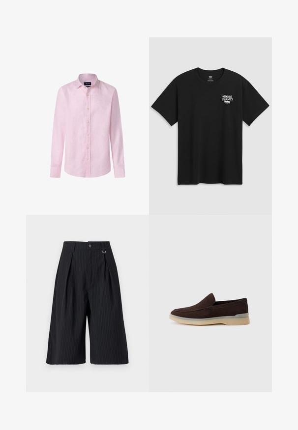 Lichtroze langemouw shirt van linnen, met een knoopsluiting aan de voorkant, een spitse kraag en een afgeronde zoom. De knopen zijn licht van kleur.; Zwarte katoenen t-shirt met een borstprint waarop "HUISPLANTEN" staat in witte stijlvolle letters met daaronder "Levi's". Klassieke ronde hals.; Zwarte pinstripe shorts met plooien, een knoopsluiting en een metalen ringaccent. Glad materiaal met een getailleerde pasvorm en een knie-lange uitstraling.; Bruine suède instappers met een ronde neus, crèmekleurige zool en grijze accenten op de hak. Glad oppervlak, minimale stiksel-detail.