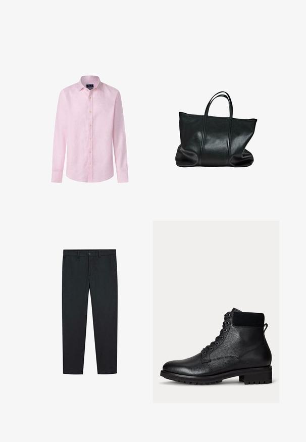 Lichtroze langemouw shirt van linnen, met een knoopsluiting aan de voorkant, een spitse kraag en een afgeronde zoom. De knopen zijn licht van kleur.; Zwarte broek met een recht ontwerp, gemaakt van een soepele stof. Bevat twee voorzakken en een knoopsluiting bij de taille.; Zwarte leren enkellaars met een gestructureerd oppervlak, ronde neus, zes metalen oogjes en een rubberen zool met een loopvlakpatroon.; Zwarte leren draagtas met een gladde textuur, twee stevige handvatten en een brede basis. Kenmerkt zich door minimale stiksels en een open bovenkant.