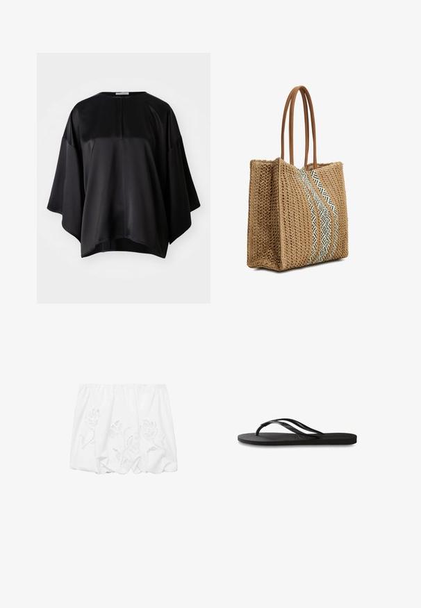 Sort satin top med en afslappet pasform, der har en rund halsudskæring, brede ærmer og en diskret lynlås i ryggen. Glat tekstur og minimalistisk design.; Hvid off-shoulder top i let stof, med blomsterbroderi og indsamlet design langs den elastiske halsudskæring.; Sorte flip-flop med en tekstureret gummisål, to slanke stropper og et subtilt, præget logodetalje på stroppen.; Vævet naturligt strå tote bag med brune læderhåndtag, prydet med et diagonalt sort-hvidt geometrisk stribemønster. Åben topdesign.