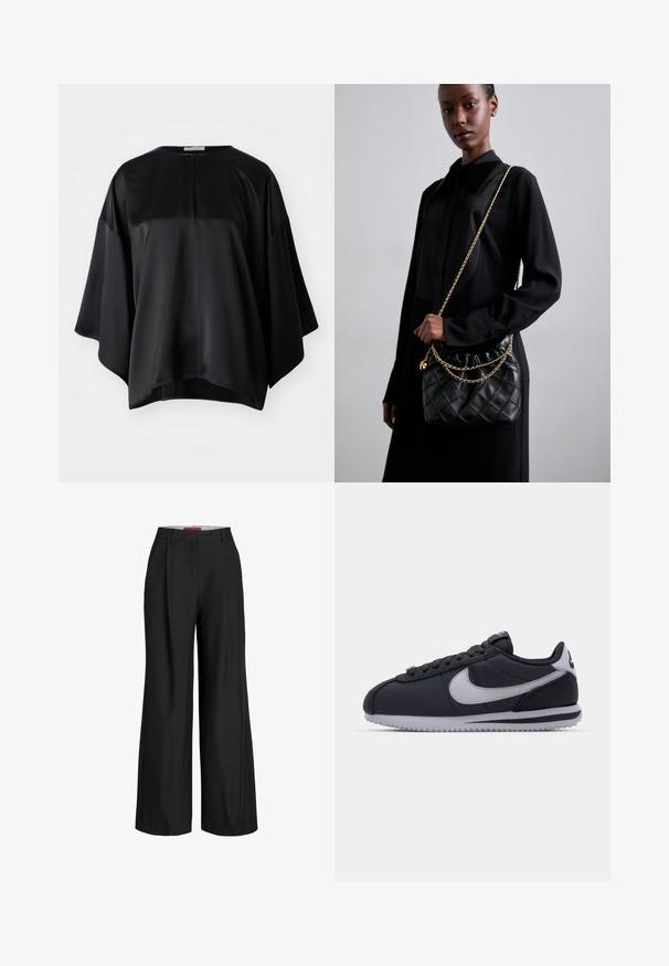 Sort satin top med en afslappet pasform, der har en rund halsudskæring, brede ærmer og en diskret lynlås i ryggen. Glat tekstur og minimalistisk design.; Sorte vidde bukser med et skræddersyet design, der har plisseringer og en glat stofstruktur. Rene linjer uden synlig hardware eller accenter.; Sort atletisk sko med grå accenter, glat syntetisk overdel, tekstureret sål, afrundet tå og flade snørebånd. Klassisk design med logodetalje.; Sort quiltet læderhåndtaske med en samlet top, guldkæde-rem og rektangulær form, holdt mod en ensfarvet baggrund.; Guldblomster-studøreringe har en tekstureret sort midte og delikat detaljer. Modellen har glat hud og fletninger, som er synlige i profil.