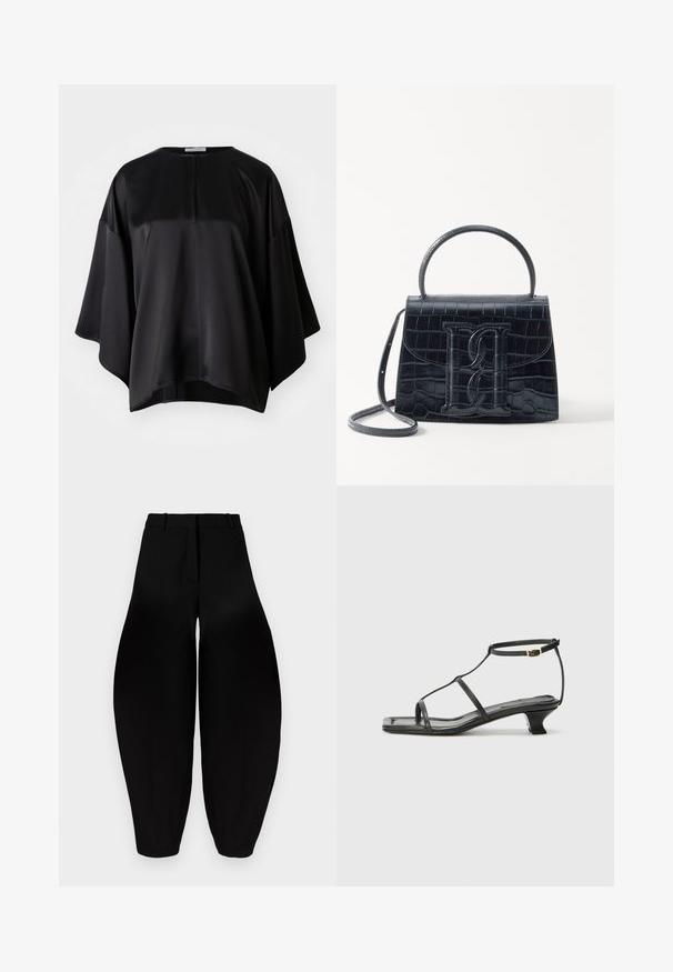 Schwarzes Satin-Oberteil mit lockerer Passform, runden Ausschnitt, weiten Ärmeln und einem dezenten Reißverschluss hinten. Glatte Textur und minimalistisches Design.; Schwarze weit geschnittene Hose mit hoher Taille, gefaltetem Vorderteil und schmal zulaufenden Knöcheln. Hergestellt aus glattem Stoff mit matter Oberfläche.; Schwarze Ledersandale mit quadratischer Zehenpartie, dünnen Riemen, verstellbarem Knöchelriemen und einem niedrigen Absatz. Mit einem kleinen goldenen Akzent am Riemen.; Schwarze Handtasche aus Krokodilprägung mit strukturiertem Design, Oberhandgriff, verstellbarem Tragegurt und einem auffälligen Logo-Detail auf der Vorderseite.