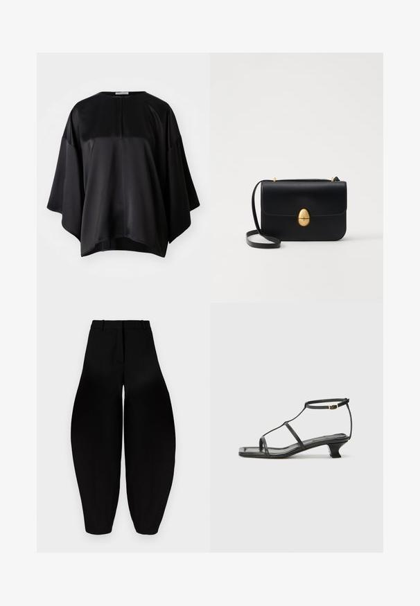 Fekete selyemtop, laza szabással, kerek nyakkivágással, széles ujakkal és diszkrét hátsó cipzárral. Simás textúra és minimális dizájn.; Fekete, bő szárú nadrág magas derékkal, pliszírozott elülső résszel és szűkített bokával. Simább anyagból készült, matt felülettel.; Fekete bőr szandál, négyzet alakú orral, vékony pántokkal, állítható bokapánttal és alacsony sarokkal. A pánton egy kis arany dísz található.; Fekete bőr kézitáska, struktúrált, téglalap alakú formával. Arany ovális kapoccsal és vékony vállpánttal rendelkezik. Sima textúrájú.