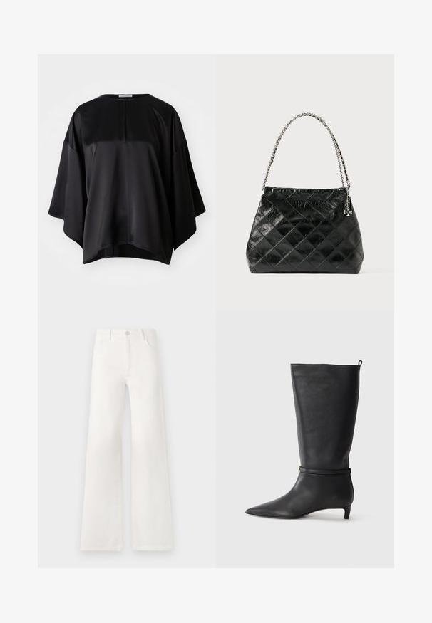 Black satin top with a relaxed fit, featuring a round neckline, wide sleeves, and a subtle back zipper. Smooth texture and minimal design.; White, high-waisted wide-leg jeans made of denim. Features a button closure, two front pockets, and side seams with stitching details.; Black leather knee-high boot with a pointed toe, accented by a circular strap around the ankle and a low, tapered heel. Smooth texture.; Black quilted leather handbag with a silver chain handle, featuring a structured design and smooth texture.; Gold floral stud earring features a textured black center and delicate detailing. Model's clear skin and braided hair are visible in profile.