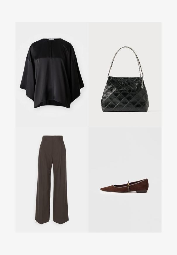 Crni satinasti top s opuštenim krojem, s okruglim izrezom, širokim rukavima i suptilnim zatvaračem na leđima. Glatka tekstura i minimalni dizajn.; Tamno smeđi hlače širokih nogavica s visokim strukom, s uredno peglanim naborima, glatkom teksturom i krojem koji dobro pristaje.; Smeđe antilop cipele s ravnim potplatom i špicastim nosom, koje imaju tanki remen i zlatni detalj. Cipele imaju mali štiklu i sivi detalj.; Crna prešivana kožna torba s ručkom od srebrnog lanca, sa strukturiranim dizajnom i glatkom teksturom.