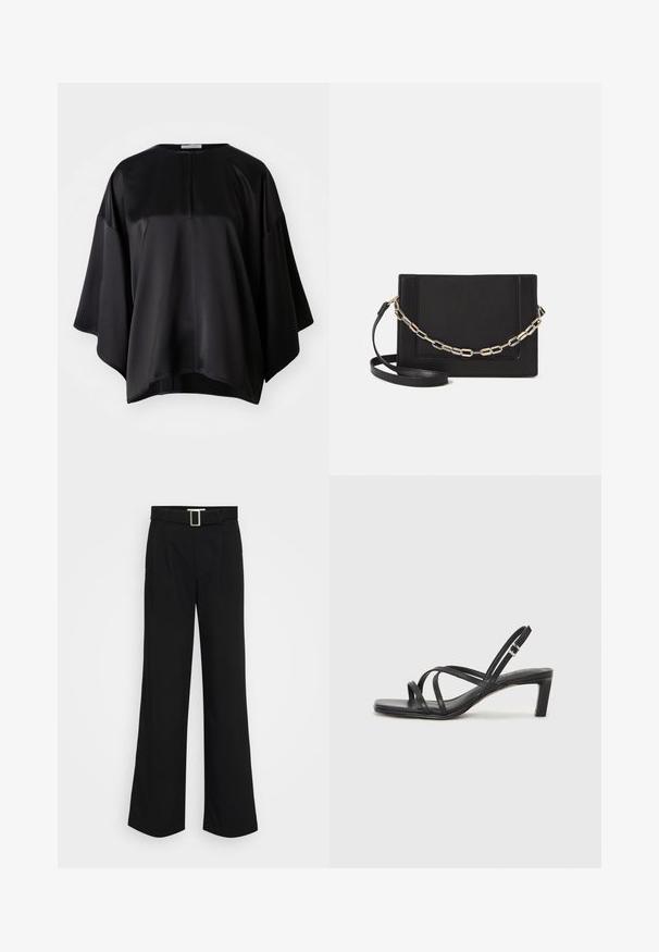 Top in satin nero con una vestibilità rilassata, caratterizzato da un collo rotondo, maniche ampie e una zip sul retro discreta. Texture liscia e design minimal.; Pantaloni neri a gamba larga realizzati in tessuto leggero, caratterizzati da una texture liscia, pieghe frontali e una cintura con fibbia metallica quadrata.; Sandalo nero con cinturini, dalla punta squadrata e tacco basso a blocco. Presenta diversi cinturini sottili e una cinturini regolabile alla caviglia. Realizzato in pelle liscia.; Borsa a tracolla nera in pelle con una texture liscia, forma rettangolare e dettaglio in catena metallica sul davanti. Inclusa una tracolla regolabile.