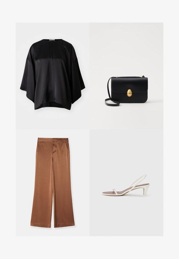 Fekete selyemtop, laza szabással, kerek nyakkivágással, széles ujakkal és diszkrét hátsó cipzárral. Simás textúra és minimális dizájn.; Barna, bővülő szárú, szatén anyagú nadrág, oldalsó zsebekkel, sima felülettel és formázott derékpánttal a rendezett illeszkedés érdekében.; Fehér, pántos szandál enyhe sarokkal, vékony pántokkal és sima bőr textúrával; kis díszítő csattal rendelkezik.; Fekete bőr kézitáska, struktúrált, téglalap alakú formával. Arany ovális kapoccsal és vékony vállpánttal rendelkezik. Sima textúrájú.