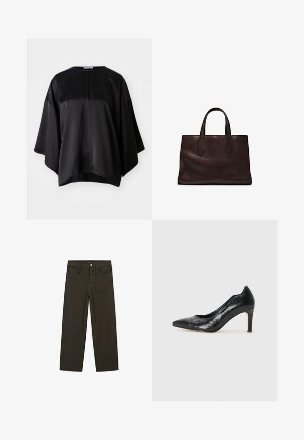 Top in satin nero con una vestibilità rilassata, caratterizzato da un collo rotondo, maniche ampie e una zip sul retro discreta. Texture liscia e design minimal.; Jeans a gamba larga di colore verde scuro, realizzati in tessuto misto cotone, dotati di chiusura con bottone frontale, cinque tasche e cuciture classiche in denim.; Décolleté neri con tacco alto e punta affusolata, realizzati in materiale testurizzato con un sottile motivo pelle di rettile. Tacco solido per un buon supporto.; Borsa a spalla in pelle marrone con due manici lunghi, forma rettangolare strutturata, texture liscia e dettagli di cucitura sottili.