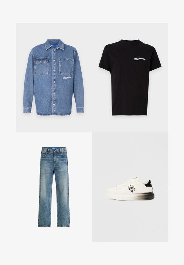 Šviesiai mėlynas džinsinis švarkas su klasikiniu apykakle, dviem užsegamais krūtinės kišenėmis ir siuvinėtu "KARL JEAN" logotipu. Užsegimas priekyje su mygtukais.; Juodas medvilninis marškinėlis su apvalia iškirpte ir trumpomis rankovėmis. Išskirtinė balta logotipo tekstas kairėje krūtinės pusėje. Paprastas dizainas.; Šviesiai mėlyni džinsai plačiomis kojomis turi aukštą liemenį, klasikinį penkių kišenių dizainą ir subtilių išblukimų, kuriuos sukuria tekstūra.; Baltos sportbačiai su lygiu odiniu paviršiumi, juodais akcentais ant kulno ir komiksų logotipu. Yra storas, šiek tiek permatomas padas.