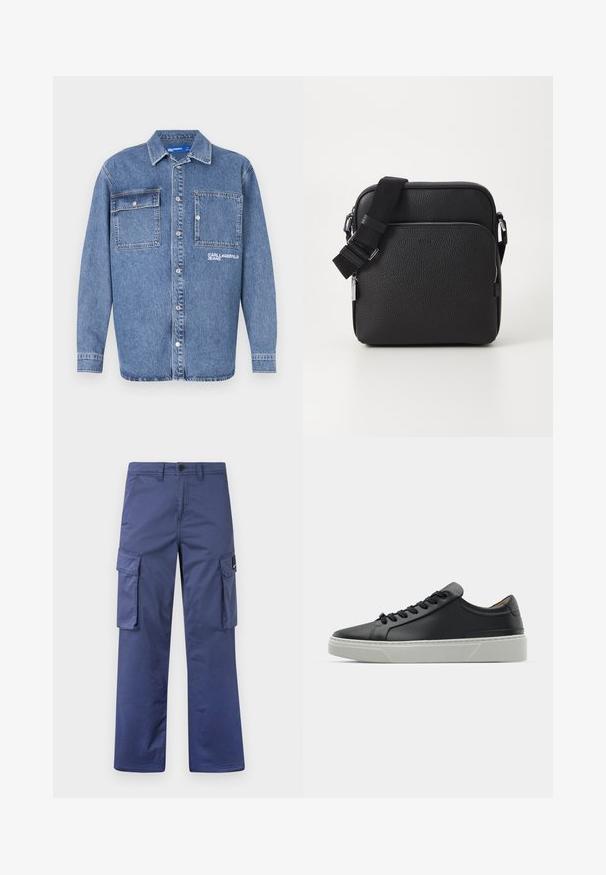 Giacca di jeans di un blu chiaro con colletto classico, due tasche sul petto con bottone e logo ricamato "KARL JEAN". Chiusura con bottoni sul davanti.; Pantaloni cargo navy realizzati in tessuto resistente, dotati di tasche laterali, design a gamba dritta e chiusura con bottone in vita.; Sneaker in pelle nera con una texture liscia, punta rotonda e lacci neri. Presenta una suola in gomma bianca spessa con sottili accenti geometrici.; Borsa a tracolla nera in pelle con superficie texturizzata, dotata di una tasca frontale con zip, cinturino regolabile e dettagli metallici.