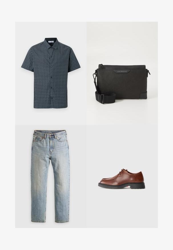 Koszula z krótkim rękawem w kolorze granatowym z białym wzorem w zygzak. Posiada klasyczny kołnierzyk i zapięcie na guziki z przodu. Gładka faktura tkaniny.; Jasnoniebieskie dżinsy z wysokim stanem, z guzikiem z przodu, zamkiem błyskawicznym i pięcioma kieszeniami, ułożone na płasko na neutralnym tle.; Brązowe skórzane buty wizytowe z okrągłym noskiem, kontrastowym przeszyciem, sznurowanym zapięciem oraz teksturowaną czarną gumową podeszwą.; Czarna skórzana torba na ramię o teksturowanym wykończeniu, z zamkiem błyskawicznym i regulowanym paskiem. Naszywka z logo z przodu. Prostokątny kształt.