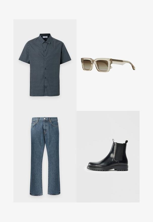 Košeľa s krátkym rukávom v námorníckej modrej farbe s bielym cik-cakovým vzorom. Má klasický golier a zapínanie na gombíky vpredu. Hladká textúra látky.; Modré džínsy s rovnými nohavicami, obsahujúce klasické zapínanie na gombík a zips, päť vreciek a jemné vyblednutie.; Čierne kožené Chelsea čižmy s elastickými bočnými panelmi, slučkou na zadnej strane pre jednoduché obúvanie a robustnou gumovou podrážkou s textúrovaným gripom.; Štvorcové slnečné okuliare s priehľadným béžovým rámom a gradientnými hnedými sklami. Ramená sú štíhle s jemným dizajnovým detailom.