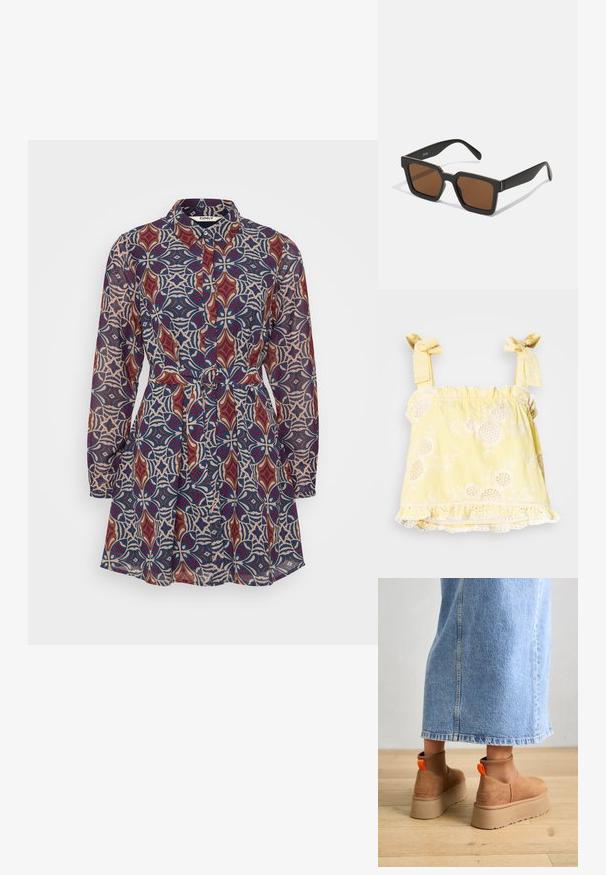 Ermeløs gul topp med stripete mønster, teksturert blomsterbroderi, volangkant og knyttede stropper. Stoffet virker lett og mykt.; Skjortekjole med et fargerikt geometrisk mønster i rødt, blått og krem, med belte i midjen og lange ermer. Laget av lett stoff.; Brune semska plattformstøvler med elastiske sidepaneler og orange rekkehalser, parret med en knelange lys denimskjørt på et tregulv.; Svarte firkantede solbriller med brune linser, med matt overflate og gulldetaljer på rammen. Designet er vinklet med brede stenger.; Gullfargede hoop øredobber med en glatt, buet design. Laget av metall, med en elegant finish og bakfeste.