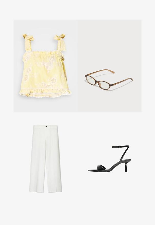 Světlé žluté tílko bez rukávů se pruhovaným vzorem, texturovanou květinovou výšivkou, volánkovým lemem a šňůrkami vázanými na mašličku. Tkanina vypadá lehce a jemně.; Bílé široké kalhoty s hladkým povrchem, s předním zapínáním na knoflíky a poutky na opasek, navržené pro pohodlný střih.; Bershka Sandály na vysokém podpatku - black; Hnědé želvovinové brýle s oválnými skly, tenkými bočními nohami a průhlednými akcenty. Obsahují decentní logo na stranu. Elegantní, lehký design.