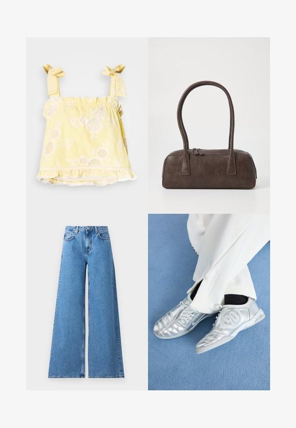 Haut sans manches jaune avec un motif rayé, broderie florale texturée, ourlet volanté et bretelles à nœud. Le tissu semble léger et doux.; Jean en denim bleu à jambes larges avec taille haute, présentant un design classique à cinq poches et des coutures sur les côtés pour un détail supplémentaire.; Des chaussures de sport argentées avec une finition lisse et brillante, présentant un design cousu et le numéro 90 sur le côté, assorties à un pantalon blanc.; Sac à main en cuir marron avec deux poignées robustes, de forme rectangulaire, texture lisse et fermeture zippée. Design minimaliste sans motifs visibles.