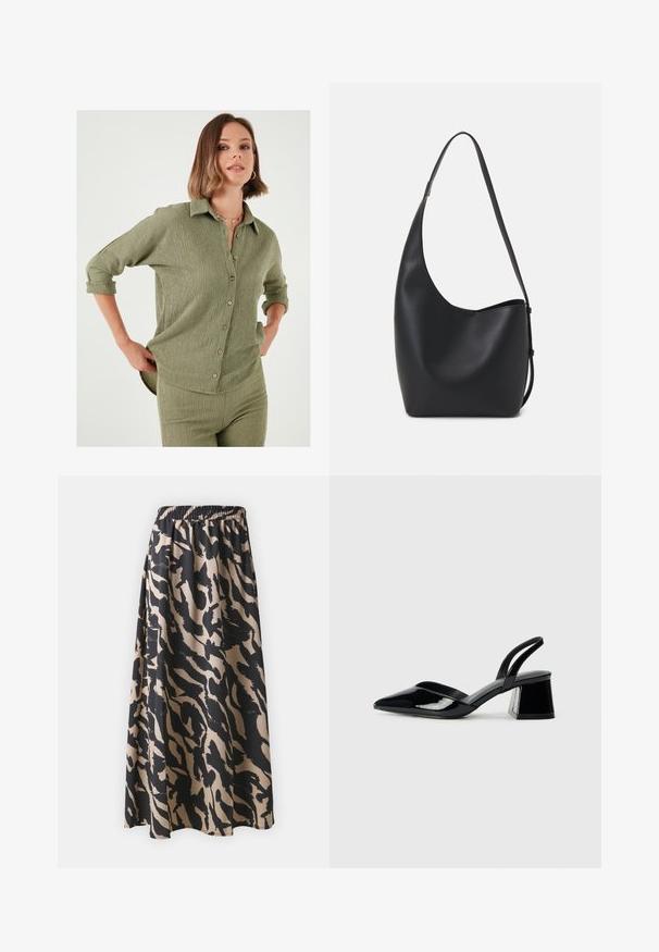 Camisa verde oliva con tela texturada, botones en el frente y mangas enrolladas. Las costuras horizontales crean un detalle sutil y forma.; Falda larga negra y beige con cinturilla elástica, que presenta un patrón de print animal abstracto y una silueta fluida.; Zapatos de tacón slingback de charol negro con punta afilada y tacón geométrico en bloque. Presentan un diseño elegante y minimalista, así como una textura suave.; Bolso tipo hobo de cuero negro con una textura suave, forma curvada y una sola correa ajustable; presenta una amplia apertura en la parte superior.