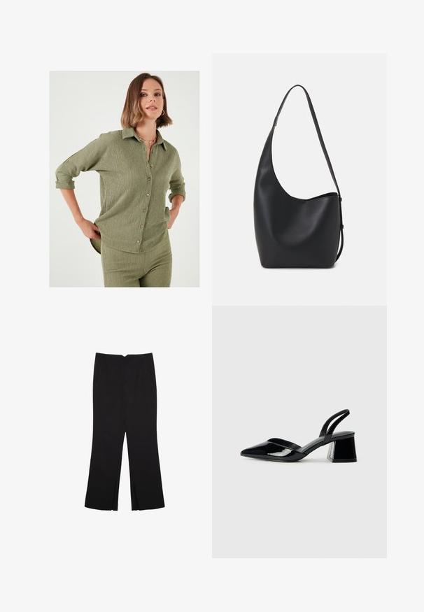 Olive green shirt with a textured fabric, button front, and rolled sleeves. Horizontal seams create subtle detailing and shape.; Black trousers with a straight fit, featuring front pockets and side slits at the hem. Made of soft, smooth fabric. Suitable for various occasions.; Black patent leather slingback heels with a pointed toe and a geometric block heel. Features a sleek, minimal design and smooth texture.; Black leather hobo bag with a smooth texture, curved shape, and single adjustable strap; features a wide opening at the top.