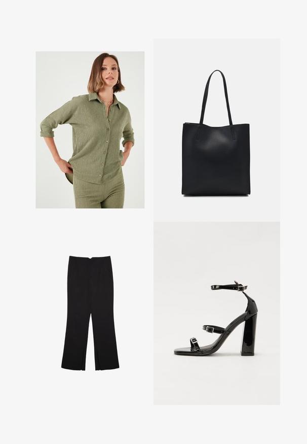 Olivenfarvet skjorte med struktureret stof, knaplukning foran og oplyste ærmer. Vandrette sømme skaber diskrete detaljer og form.; Sorte bukser med lige pasform, der har frontlommer og slidser i kanten. Lavet af blødt, glat stof. Velegnet til forskellige anledninger.; Sorte patenterede hælsandaler med firkantet tå, ankelremme og sølvspænder. Har en chunky blokHæl for stabilitet.; Sort læder tote taske med glat tekstur, rektangulær form og to lange hanke. Ingen synlig hardware eller udsmykninger.