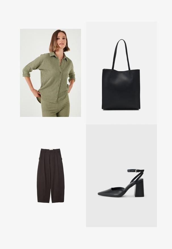 Olivenfarvet skjorte med struktureret stof, knaplukning foran og oplyste ærmer. Vandrette sømme skaber diskrete detaljer og form.; Sorte brede bukser lavet af et glat stof, med høj talje, forfaldne folder og sidelommer. Simpelt design uden udsmykninger.; Sort læder spidse pumps med ankelrem og en chunky hæl. Flad tekstur, slankt design og minimalistisk æstetik.; Sort læder tote taske med glat tekstur, rektangulær form og to lange hanke. Ingen synlig hardware eller udsmykninger.