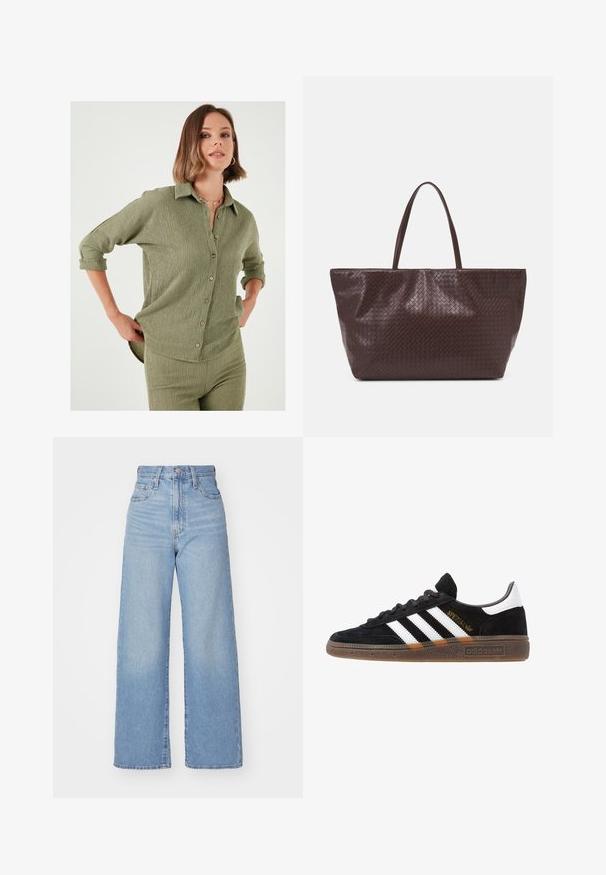 Oliivroheline särk tekstureeritud kangast, nööbid ees ja üleskeeratud varrukatega. Horisontaalsed õmblused loovad peene detaili ja kuju.; Heledad sinine kõrge vöökohaga laiad teksad, ees nupp ja tõmblukk, ees ja taga taskud, valge tausta peal.; Mustad must Adidas'i sneaker valgete triipudega, kuldse "Spezial" tekstiga, kummi tallaga ja valge kontsaga, kujutatud külgvaates.; Pruun punutud nahast kott kahe käepideme ja struktureeritud kuju ning tekstureeritud pinnaga, millel on kogu ulatuses rombikujuline muster.