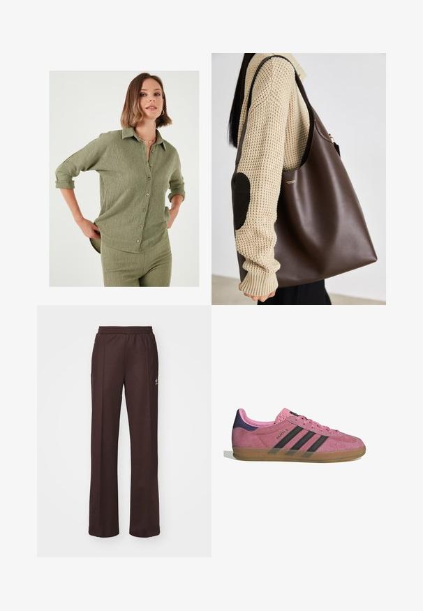 Olivovo zelená košeľa s textúrovanou látkou, s gombíkovým zapínaním a vyhrnutými rukávmi. Horizontálne švy vytvárajú jemné detaily a tvar.; Hnedé športové nohavice s elastickým pásom, dvoma bočnými vreckami a malým logom na ľavej strane, vyrobené z mäkkej látky.; Rúžové semišové tenisky s čiernymi pruhmi, gumovou podrážkou a textúrovaným fialovým podpätkom. Obsahujú šnurovací dizajn a embosované logo na strane.; Hnedá kožená taška s priestranným dizajnom. Má hladkú textúru a jemné zlaté logo. Skombinovaná s smotanovým pleteným sveterom.