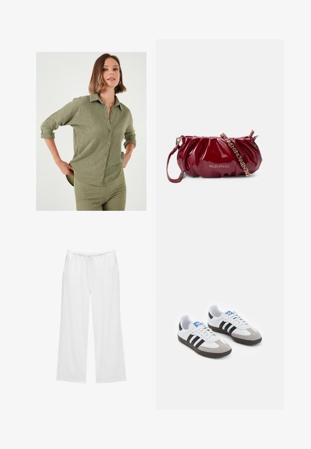 Cămașă verde măsliniu dintr-un material texturat, cu închidere prin buton și mâneci suflate. Cusăturile orizontale creează detalii subtile și formă.; Pantaloni albi cu picioare largi, confecționați dintr-un material moale, având o talie elastică cu șnur și două buzunare laterale. Design simplu și curat.; Încălțăminte sport cu un superior din piele albă, vârf din suede gri și trei dungi negre. Prezintă un logo albastru pe limbă și o talpă din cauciuc texturat.; Geantă de mână din piele patenta burgundy, cu un design plisat, accesorii din aur și o curea ajustabilă cu inscripția „VALENTINO”.