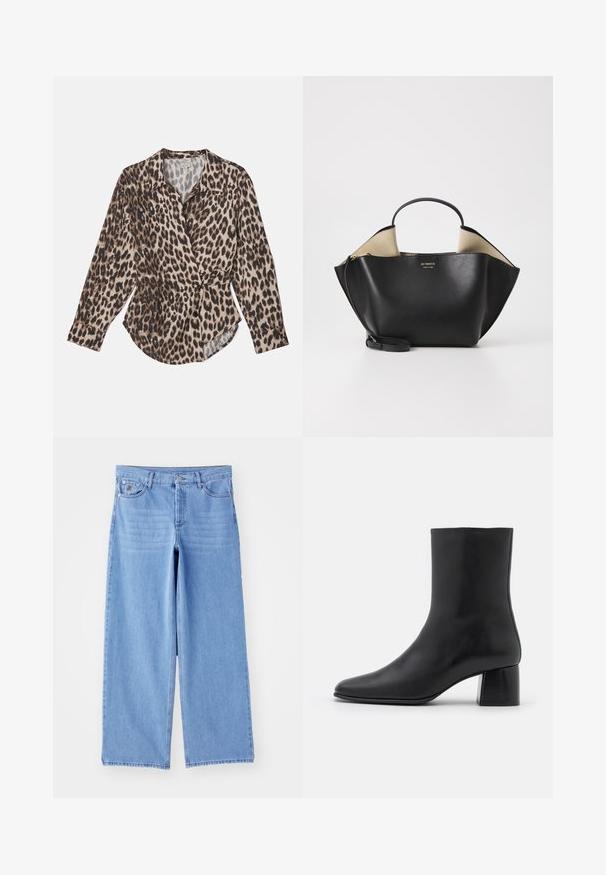 Beige és barna árnyalatú leopárdmintás ing, könnyű anyagból. Galléros nyakkal, gombos elejével és hosszú ujjú kivitelben.; Világoskék, bő szárú farmernadrág, klasszikus öt zsebes kialakítással és gombos felső záródással. Sima textúra, szétszedett szegély.; Fekete bőr bokacsizma hegyes orral és vastag, négyzet alakú sarokkal. Simább felület, mondanivaló nélküli dizájn és minimalista varrás.; Ree Projects ANN TOTE MINI - Kézitáska - black