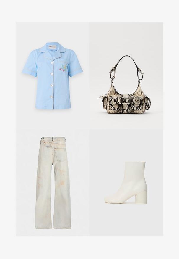 Light blue short-sleeve shirt with a collar, featuring a chest pocket and multicolored floral embroidery, finished with contrasting piping.; MM6 Maison Margiela PANTS POCKETS - Straight leg jeans - light blue; White leather ankle boot with rounded toe and chunky cylindrical heel. Smooth texture, minimal design, no visible hardware or patterns.; Python-print handbag in beige and black, featuring a structured shape, buckle detail, and dual shoulder straps. Textured surface.