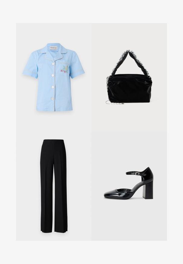 Lyseblå kortermet skjorte med krage, med en brystlomme og flerfarget blomstermaskinbroderi, avsluttet med kontrastpiping.; Sorte vidde bukser med en glatt tekstur, med høy midje og sentrale folder. Ingen synlige mønstre eller maskinvaredetaljer.; Sorte lakk lær høye hæler med firkantet tå, ankelrem og chunky hæl. Inkluderer perforerte detaljer langs kanten.; Svart veske i faux lær med tekstur, med en perlet sølvdetalj langs det øverste håndtaket og en kjede-rem.