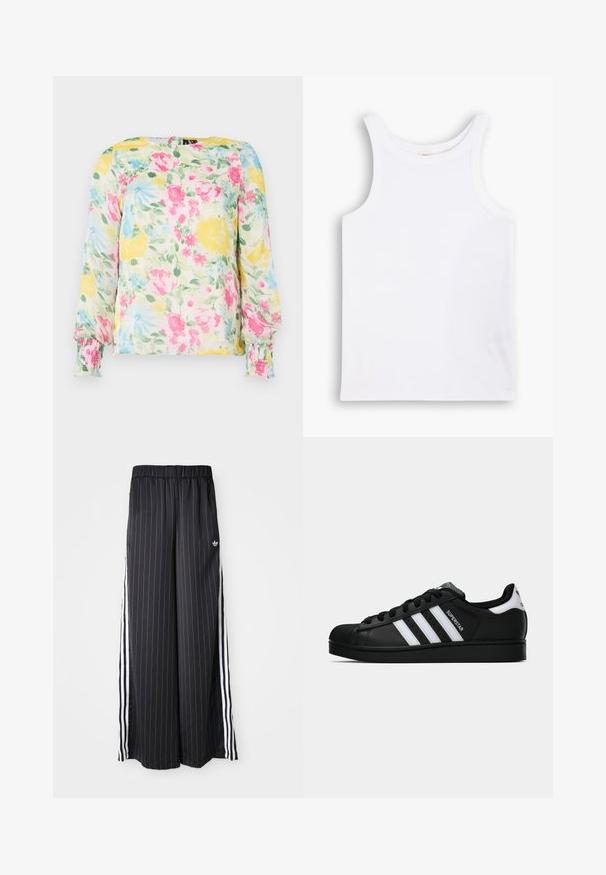 Cvečni bluz v lahkem materialu z rumenim, roza in modrim cvetličnim vzorcem. Dolgi rokavi z nabranimi manšetami in okroglo ovratnikom.; Bela bombažna majica brez rokavov z širokimi naramnicami, okroglo ovratnico in gladko, rebrasto teksturo. Brez vzorcev ali dodatkov.; Črne široke hlače z navpičnimi belimi črtami, elastičnim pasom in tremi belimi črtami po strani. Adidasov logo spredaj.; Črne superge Adidas Superstar z belimi črtami, zaščitnim pokrovom na prstih in napisom "Superstar" na strani, prikazane v bočnem profilu na beli podlagi.