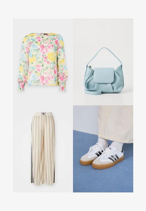 Bluză florală din material ușor, cu un model floral în nuanțe de galben, roz și albastru. Mâneci lungi cu manșete strânse și decolteu rotund.; Pantaloni largi de culoare crem, cu un model în zigzag, având un brâu cu logo negru și dungi laterale negre. Material ușor, texturat.; Adidași albi cu dungi negre și accente din suede bej. Au talpă din cauciuc texturat și șireturi albe plate, purtați cu șosete de culori deschise.; Geantă din piele bleu deschis cu mânere de sus, buzunar frontal cu clapetă și curea detașabilă pentru încheietura mâinii, pe un fundal alb.