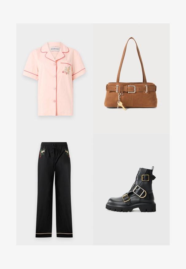 Helmstedt FIONA SHIRT - Blúzka so zapínaním na gombíky - pink salt; Čierne široké nohavice majú elastický pás s viazacou šnúrkou, vyšívané květinové vzory v rôznych farbách a kontrastným ozdobným lemom na leme.; Čierne kožené členkové čižmy s robustnou podrážkou, s viacerými popruhmi a zlatými kovovými detailmi. Hladká textura, drsný dizajn.; Hnedá semišová kabelka so štruktúrovaným tvarom, striebornými kovovými doplnkami, dvoma ramennými popruhmi a dekoratívnym príveskom.