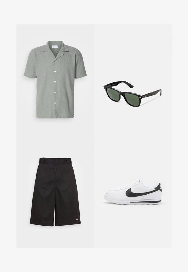 Světle zelená pánská košile s krátkým rukávem vyrobená z lnu, s kempovým límcem a pěti bílými knoflíky vpředu na zapínání. Texturovaný, neformální design.; Černé bavlněné šortky s rovnými nohavicemi, délka po kolena, s viditelným logem značky na lemu a hladkou texturou.; Bílé kožené tenisky s černým logem Nike, ploché tkaničky a texturovaná gumová podrážka. Zaoblená špička a polstrovaný límec pro pohodlí.; Černé plastové sluneční brýle se zelenými skly, čtvercové obroučky, stříbrný detail na obočí a texturované stranice. Značka uvedená na vnitřní straně stranic.
